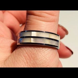 Tungsten mother of pearl mens ring